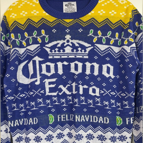 Corona Extra Feliz Navidad Blue Yellow Christmas Holiday Crewneck Sweater Size S - Picture 4 of 10